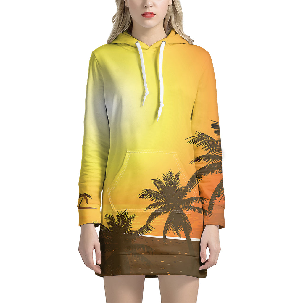 Tropical Beach Sunset Print Women's Pullover Hoodie Dress