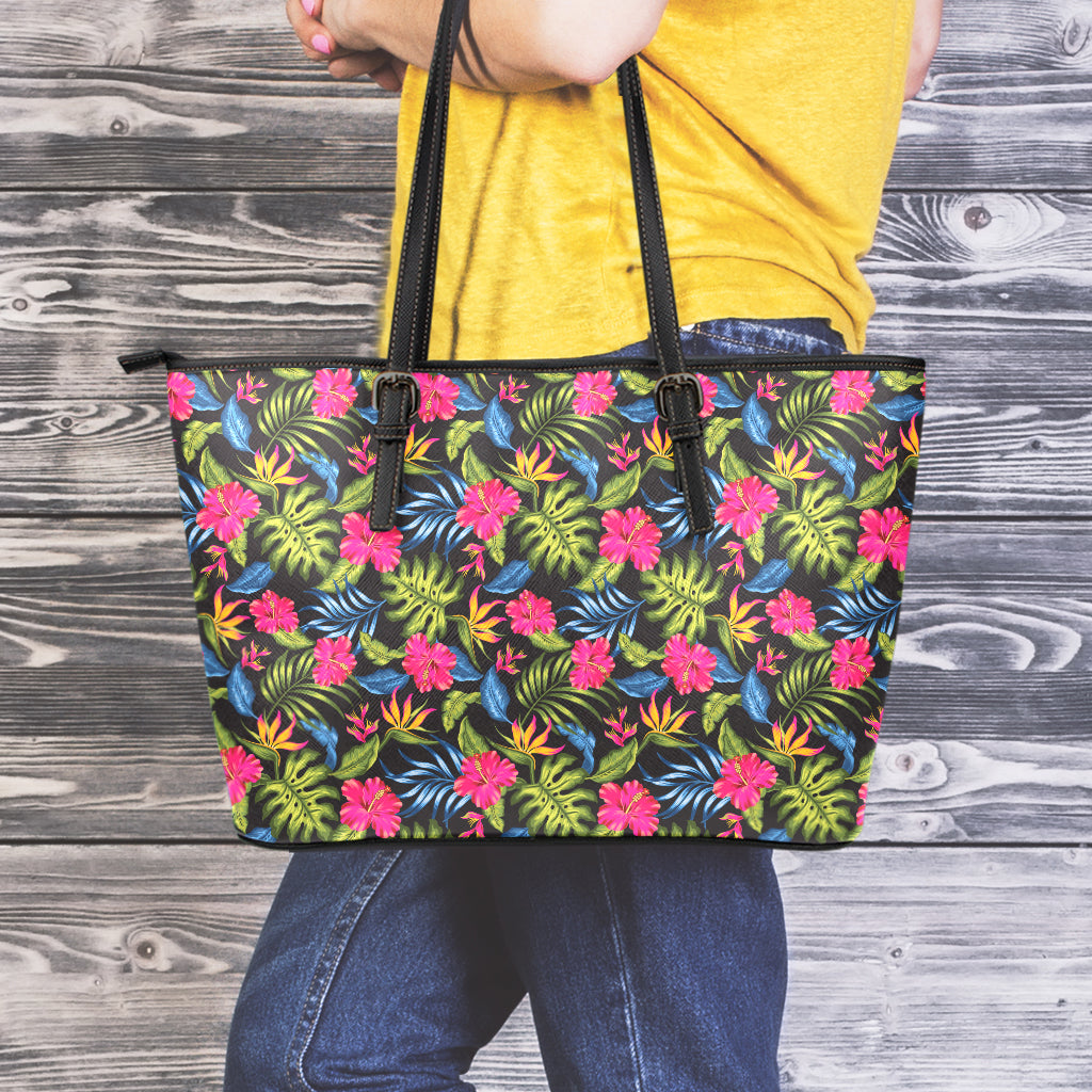 Tropical Bird Of Paradise Pattern Print Leather Tote Bag