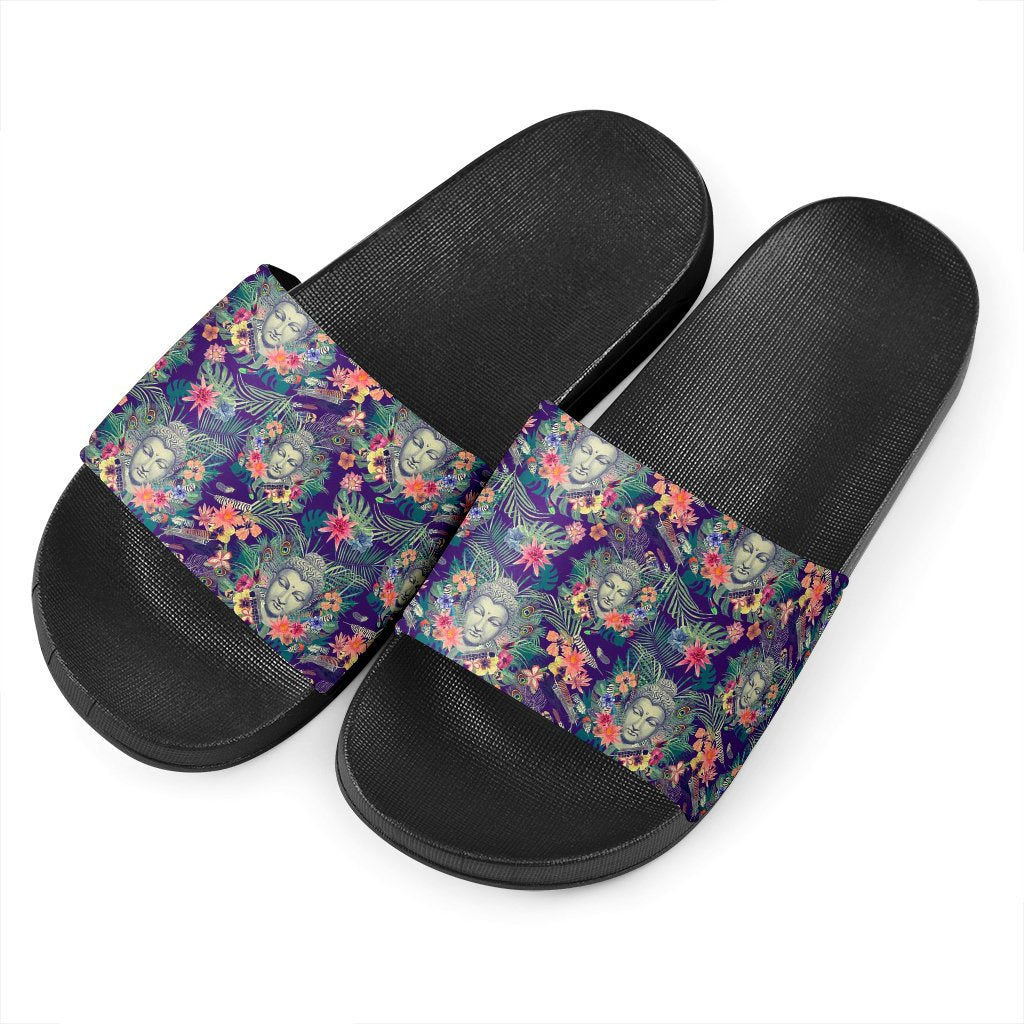 Tropical Buddha Print Black Slide Sandals