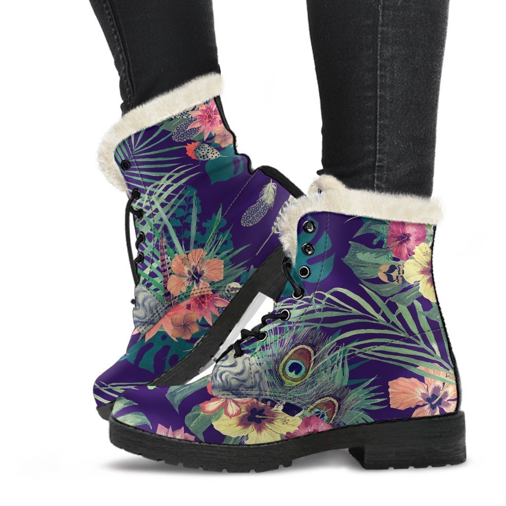 Tropical Buddha Print Faux Fur Leather Boots