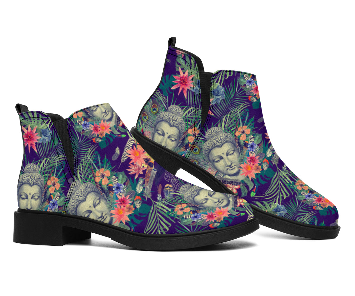 Tropical Buddha Print Flat Ankle Boots