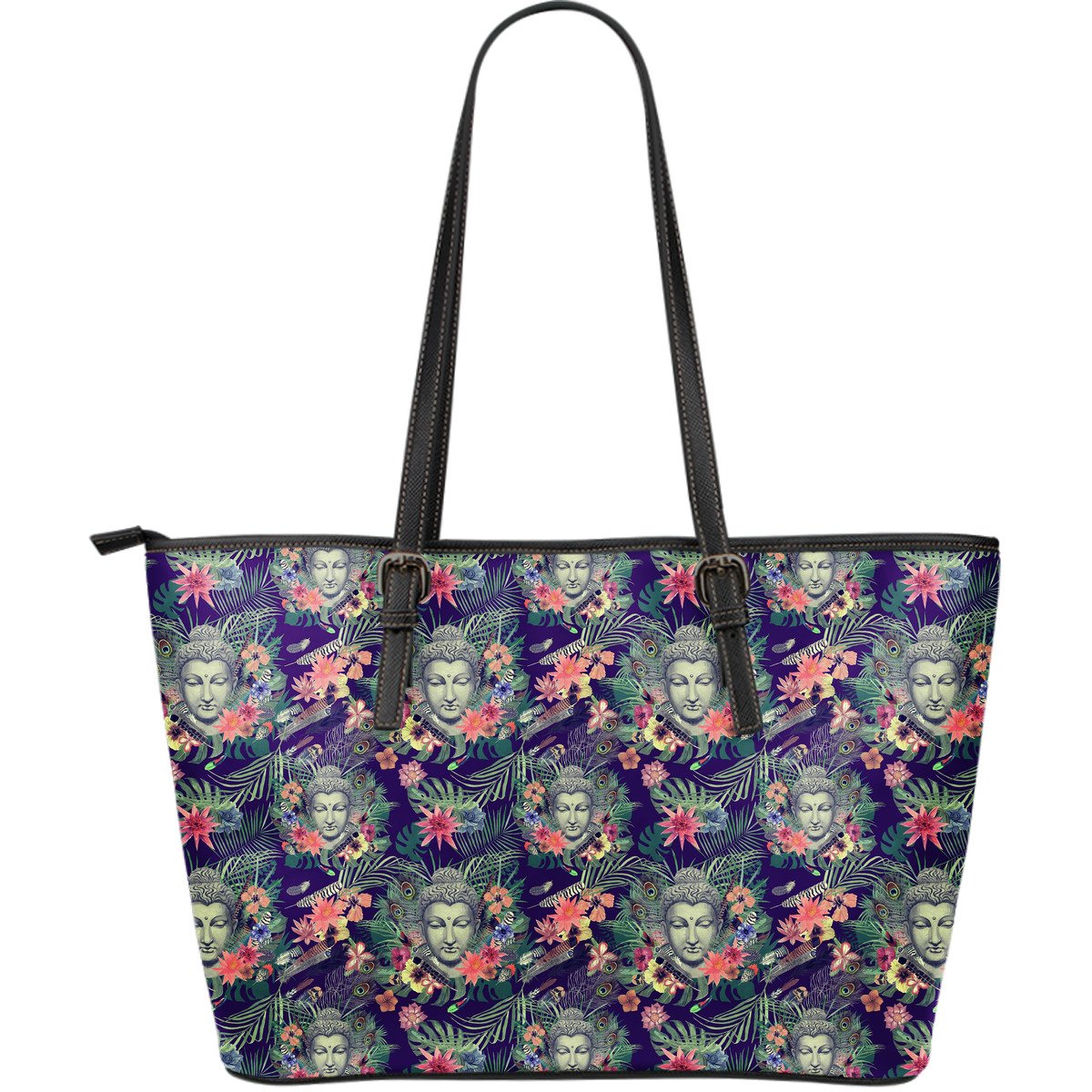 Tropical Buddha Print Leather Tote Bag