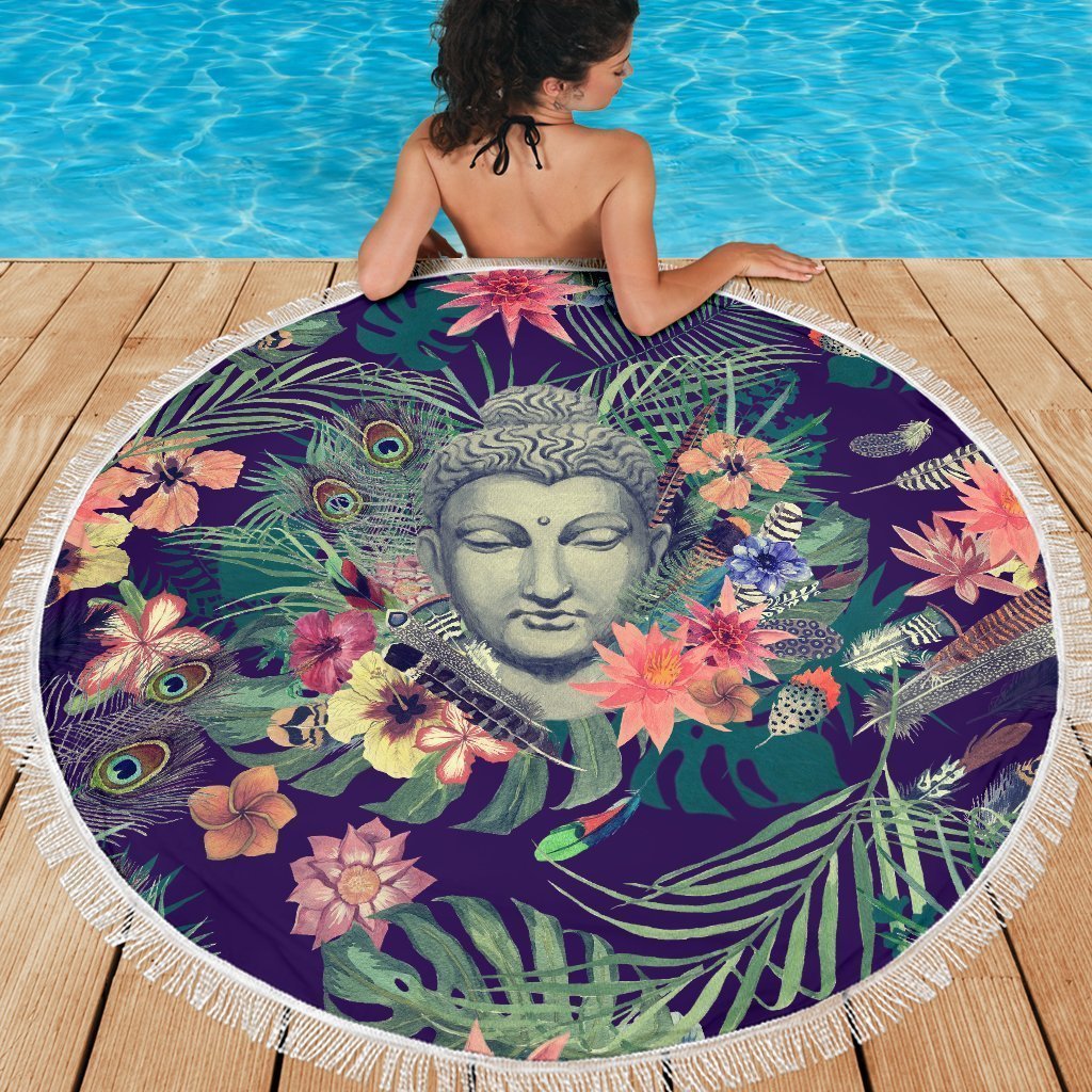 Tropical Buddha Print Round Beach Blanket