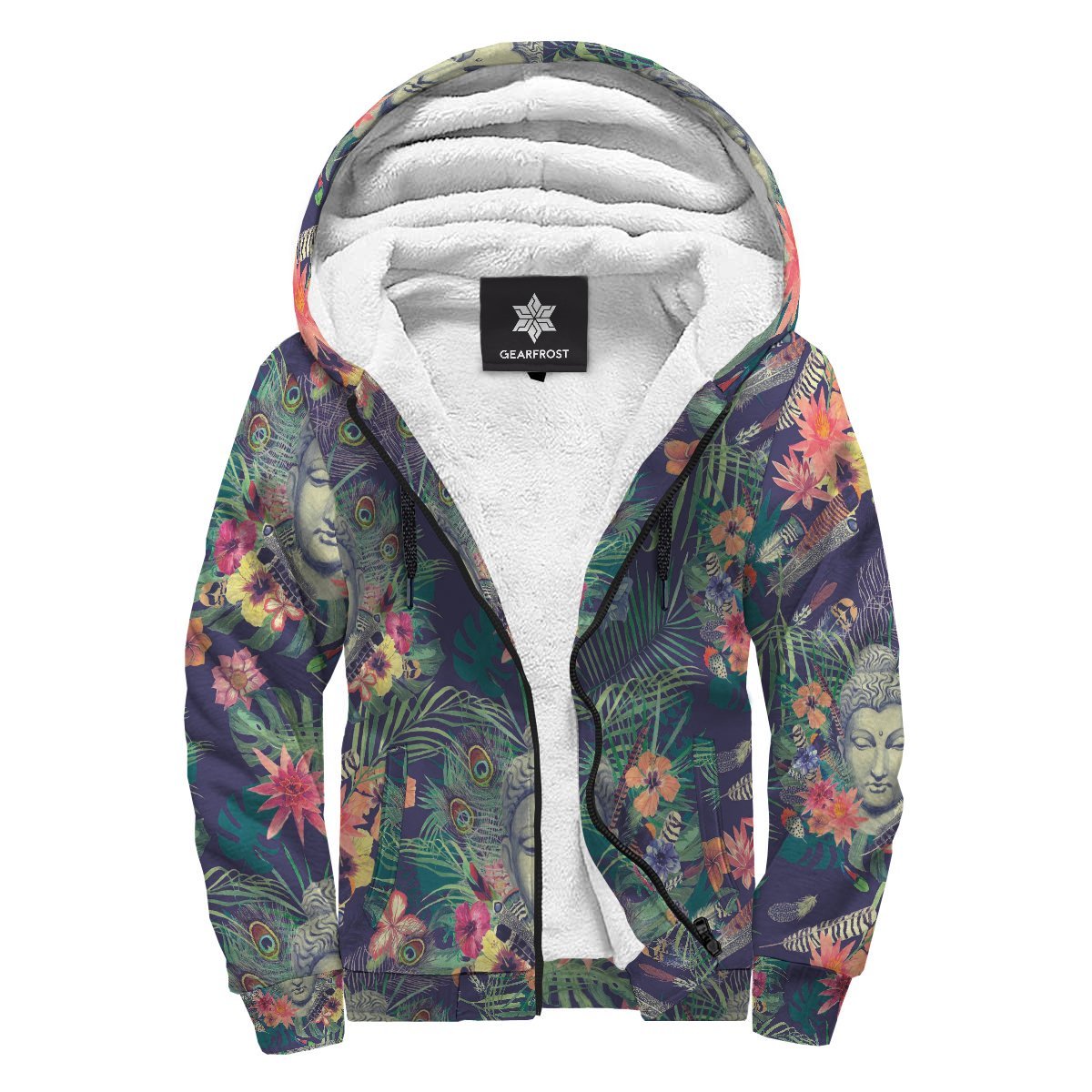 Tropical Buddha Print Sherpa Lined Fleece Hoodie