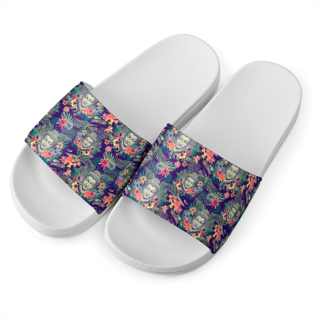 Tropical Buddha Print White Slide Sandals