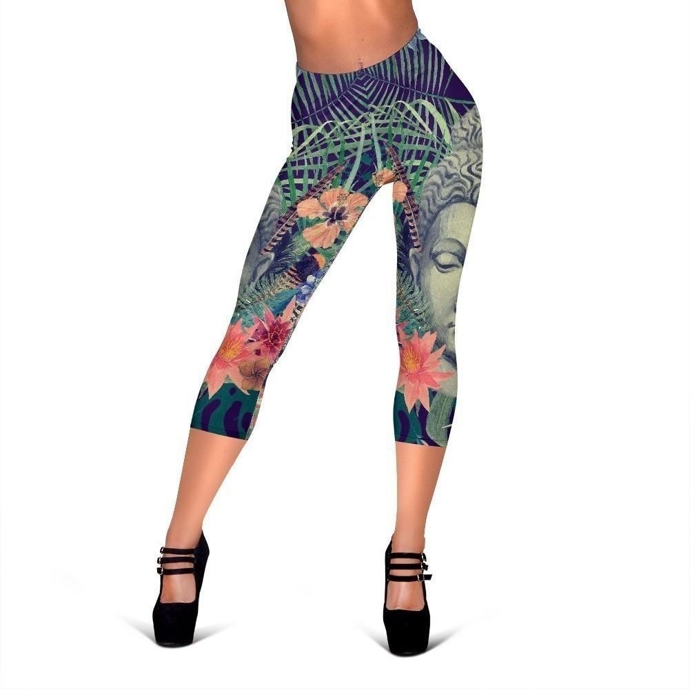 Tropical Buddha Print Women's Capri Leggings