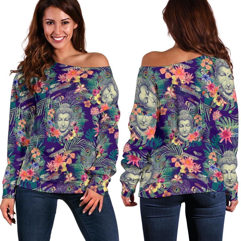 Tropical Buddha Print Women's Off-Shoulder Sweatshirt