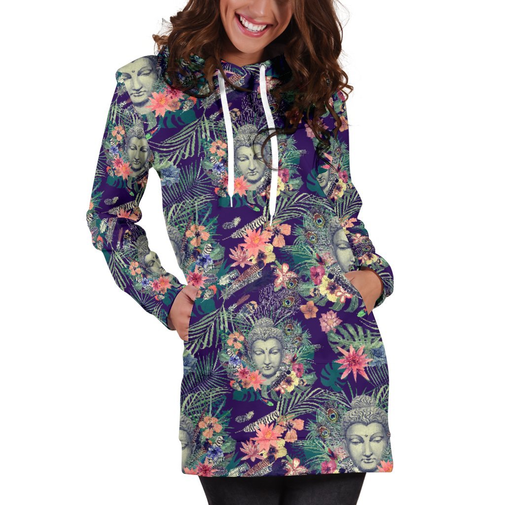 Tropical Buddha Print Women's Pullover Hoodie Dress