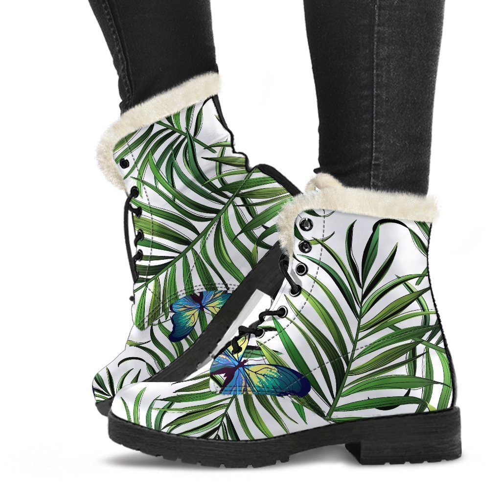 Tropical Butterfly Pattern Print Faux Fur Leather Boots