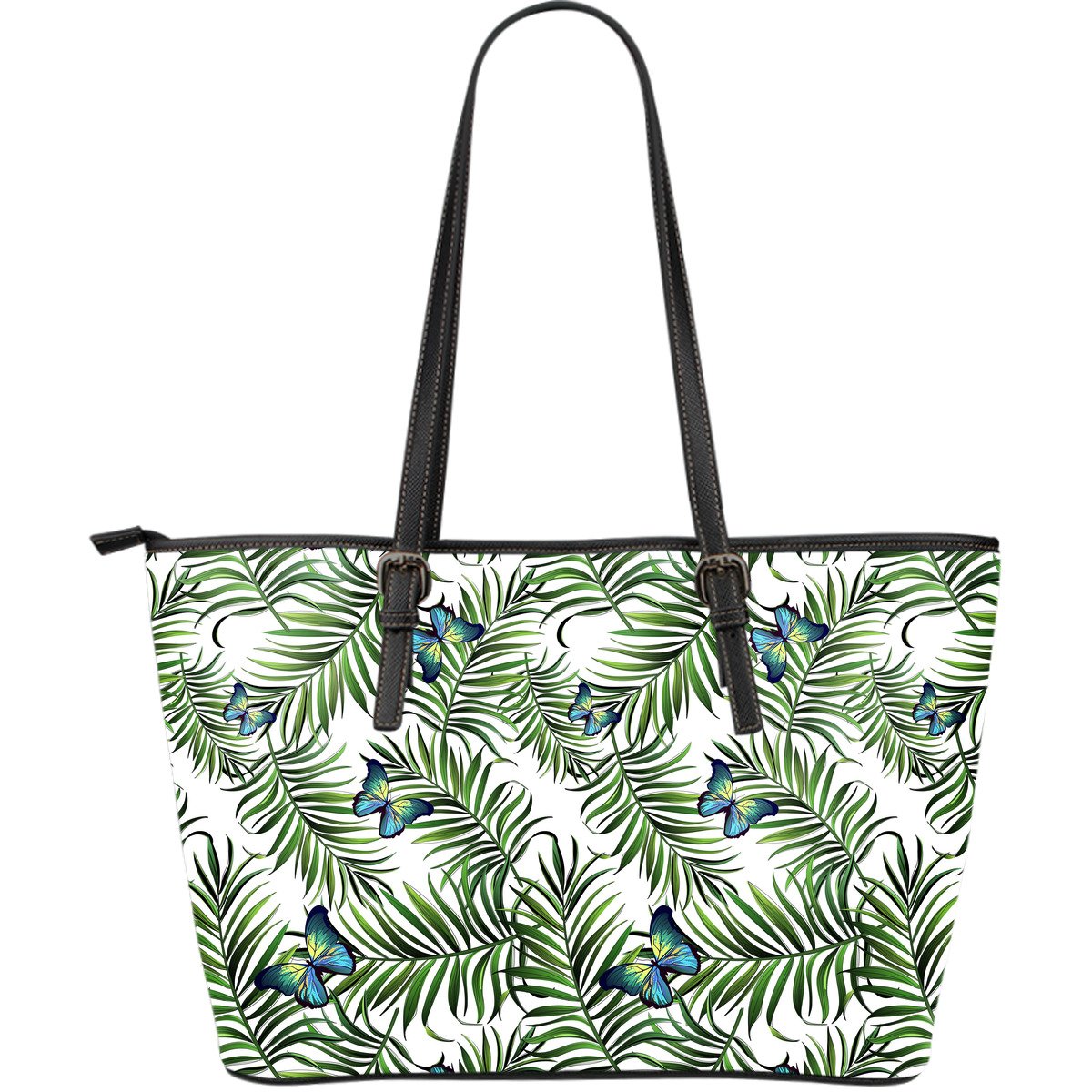 Tropical Butterfly Pattern Print Leather Tote Bag