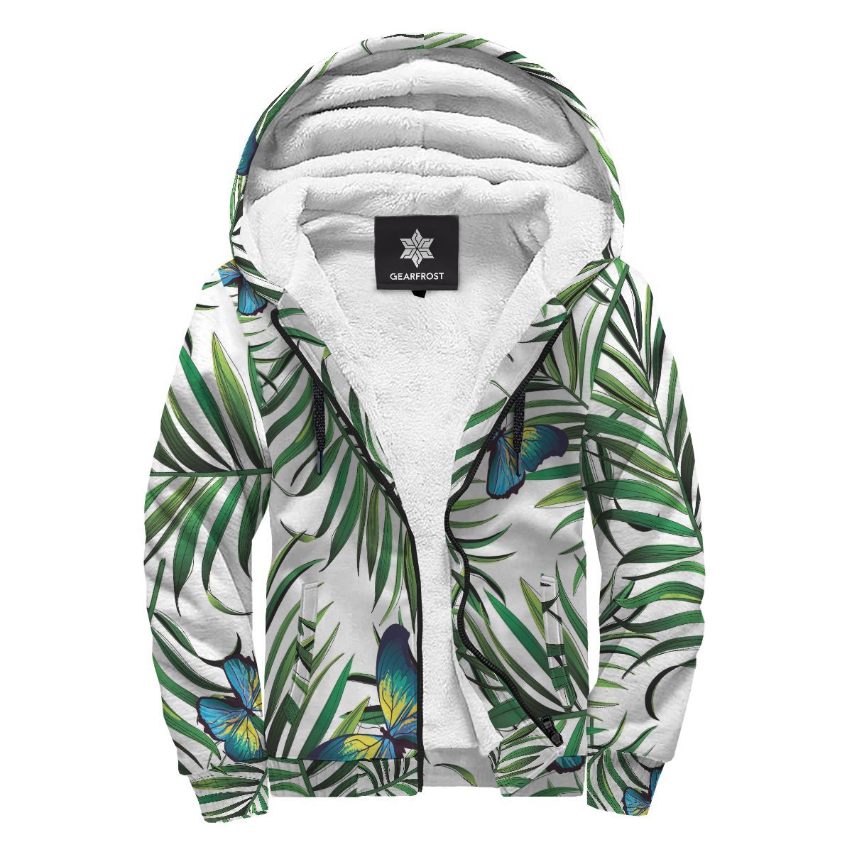 Tropical Butterfly Pattern Print Sherpa Lined Fleece Hoodie