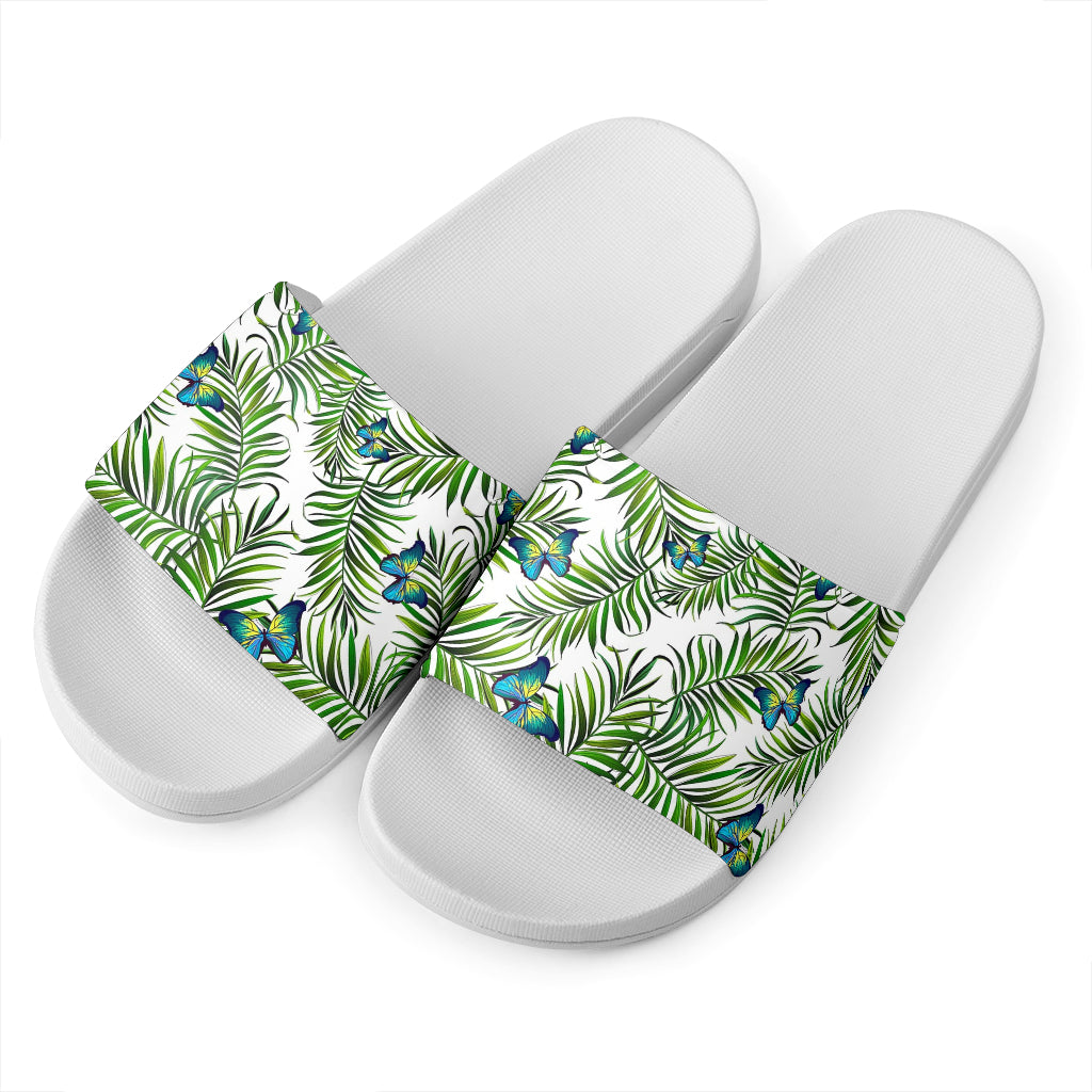 Tropical Butterfly Pattern Print White Slide Sandals