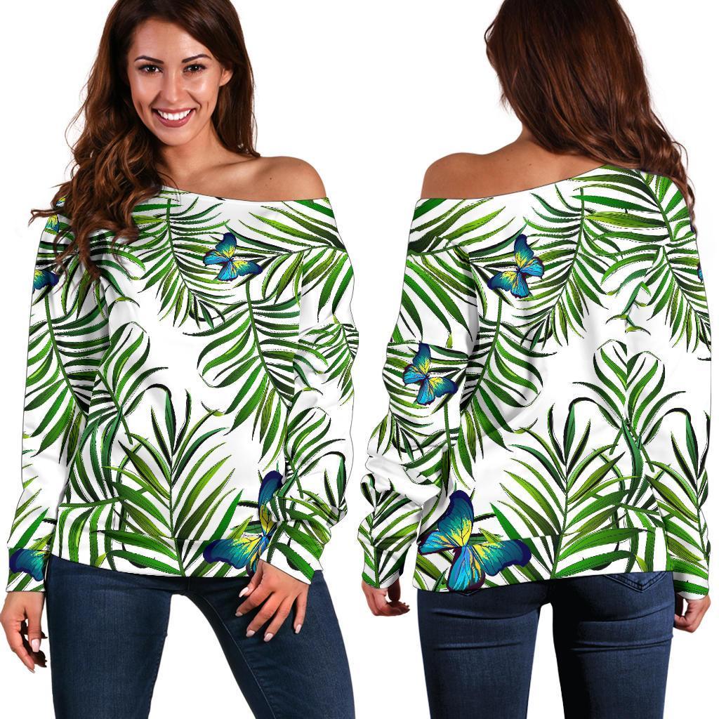 Tropical Butterfly Pattern Print Women's Off-Shoulder Sweatshirt