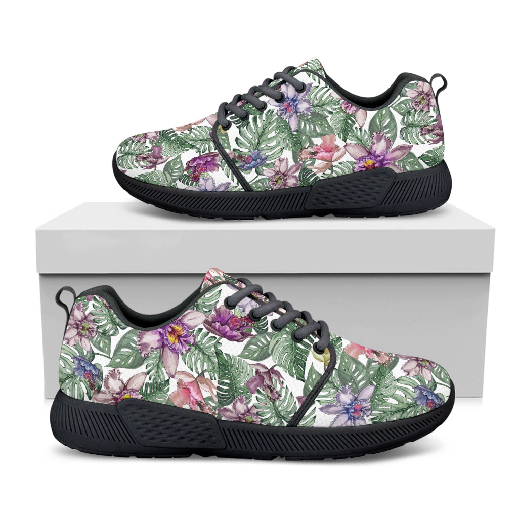 Tropical Cattleya Pattern Print Black Athletic Shoes