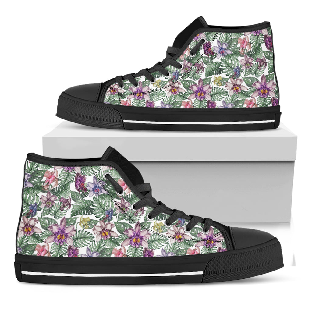 Tropical Cattleya Pattern Print Black High Top Shoes