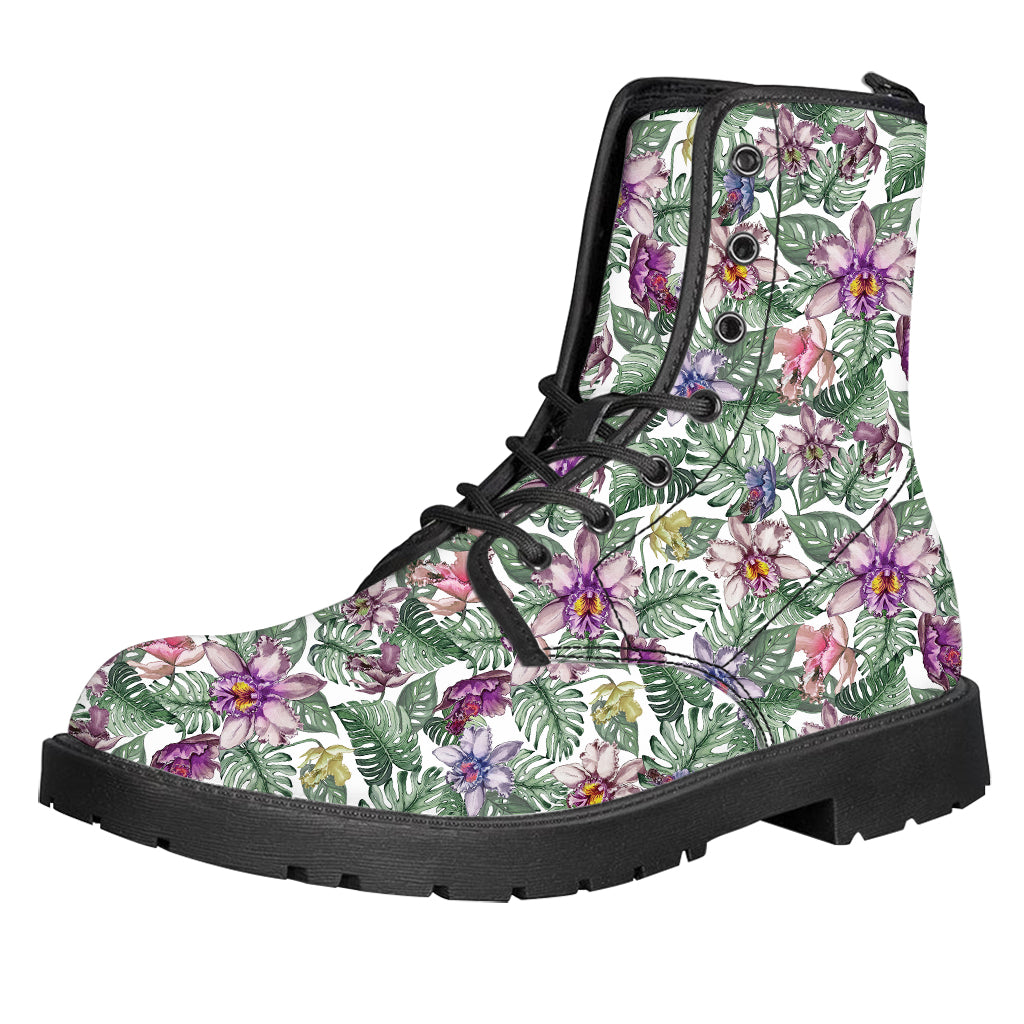 Tropical Cattleya Pattern Print Leather Boots