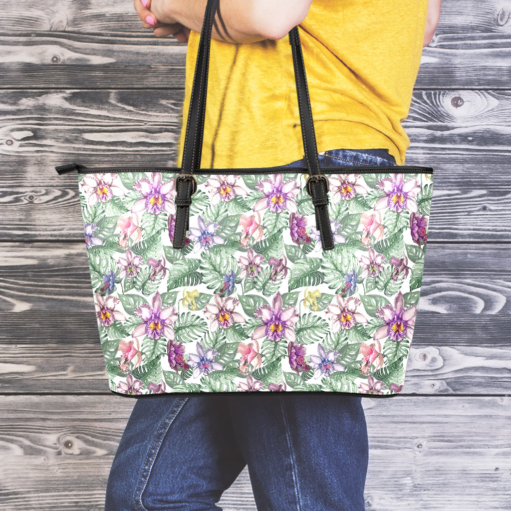 Tropical Cattleya Pattern Print Leather Tote Bag