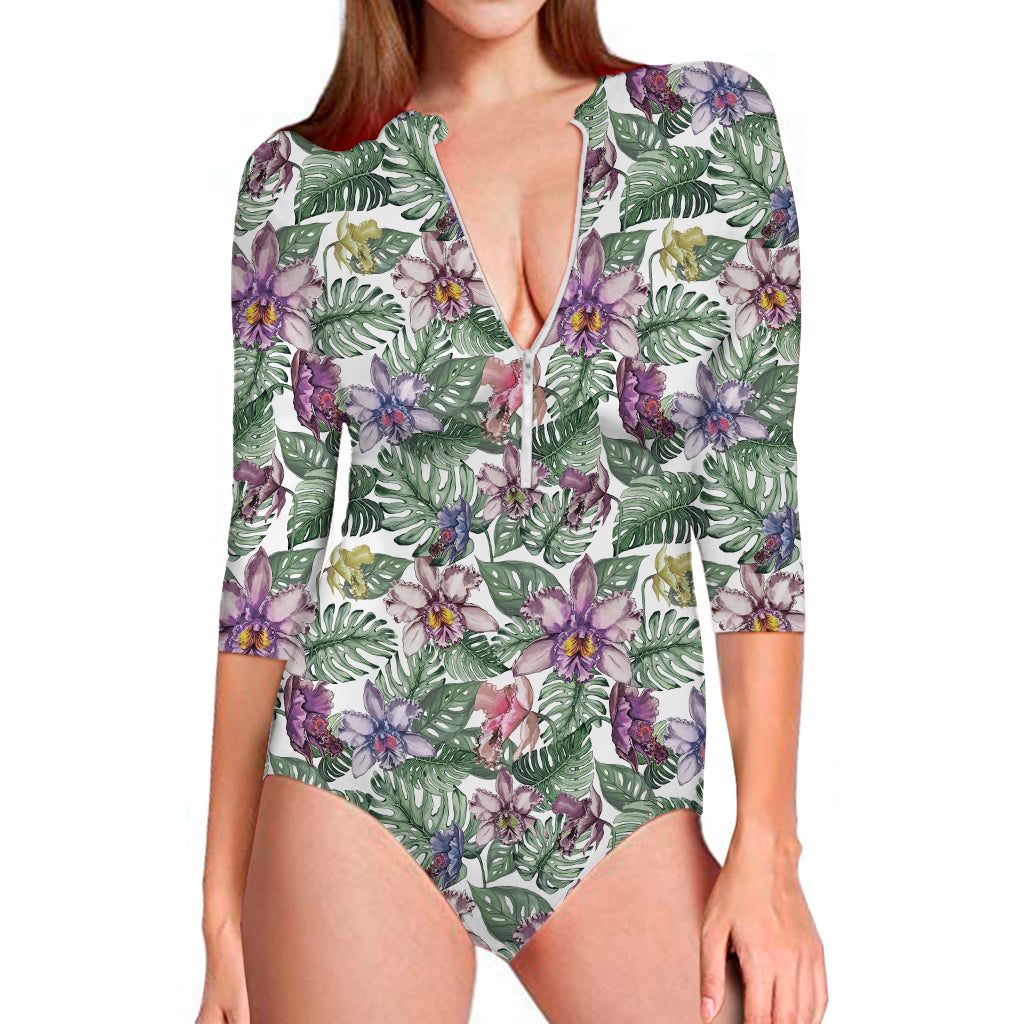 Tropical Cattleya Pattern Print Long Sleeve One Piece Swimsuit