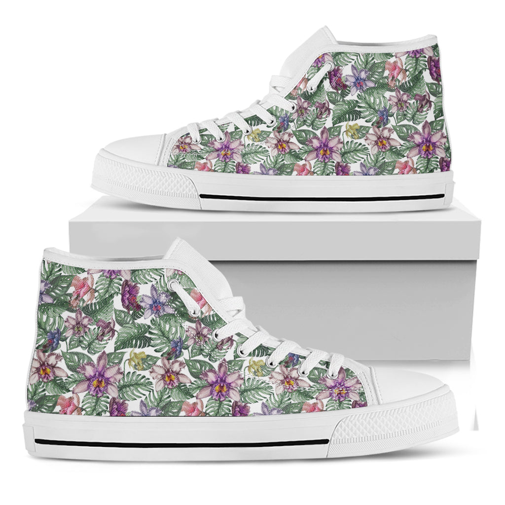 Tropical Cattleya Pattern Print White High Top Shoes