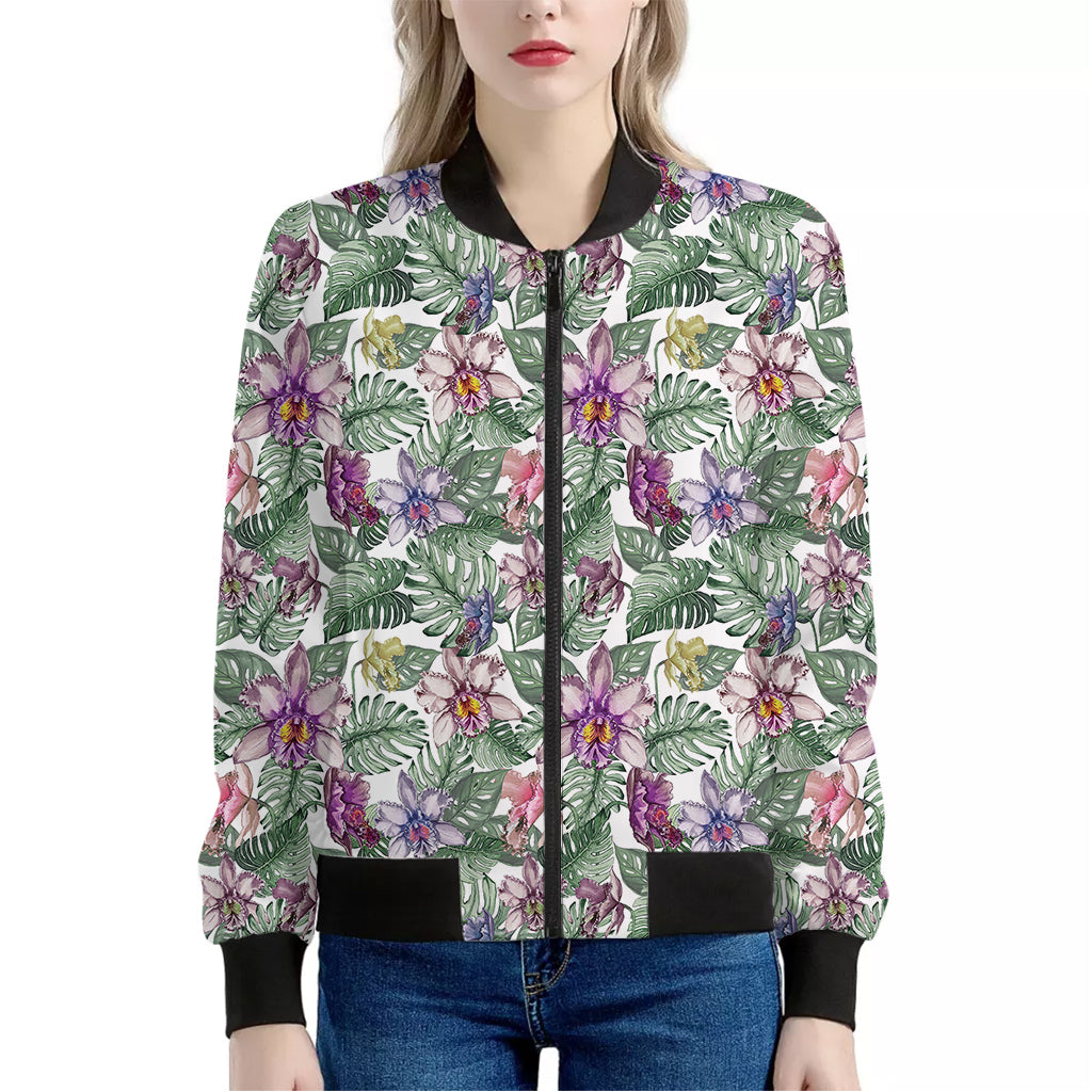 Tropical Cattleya Pattern Print Women's Bomber Jacket