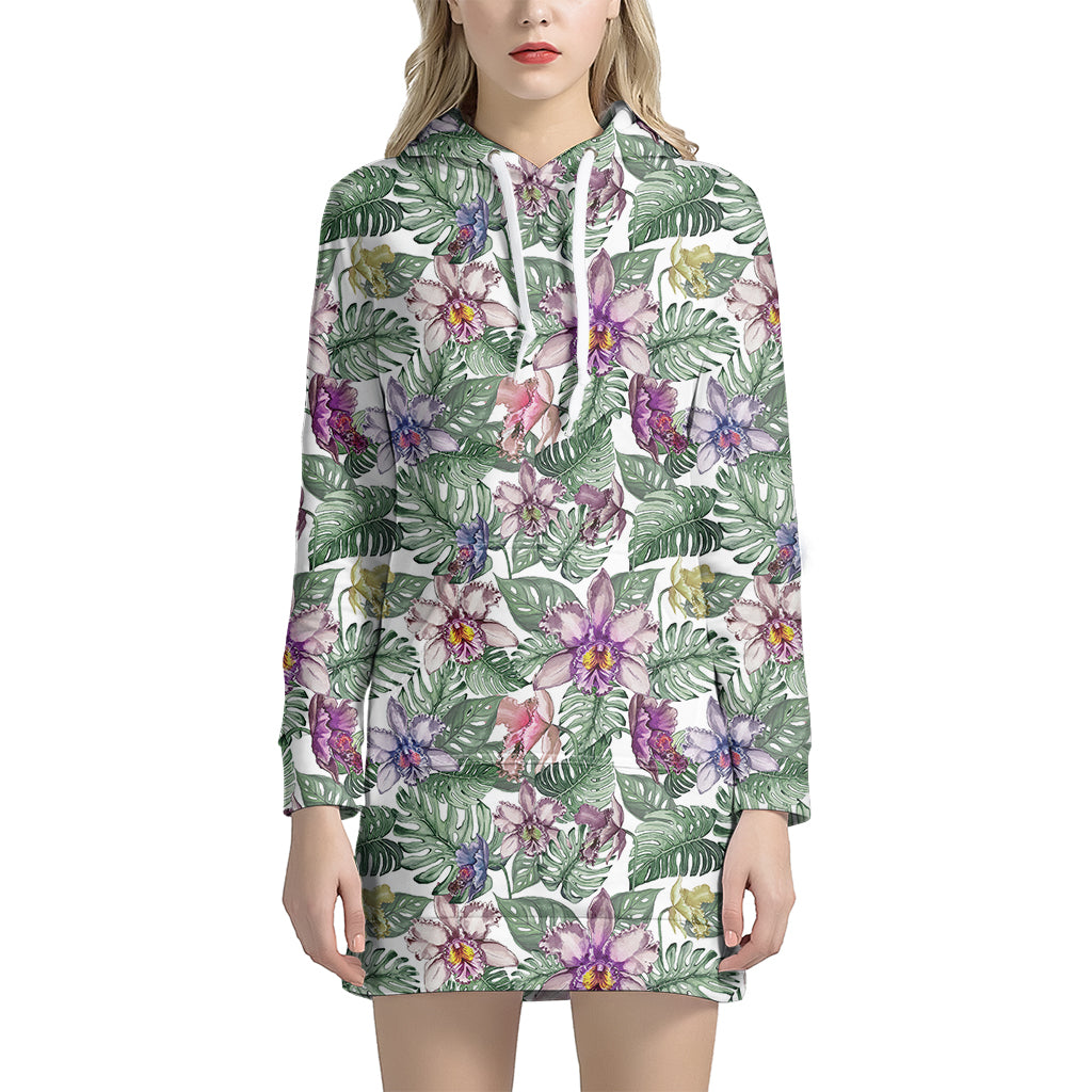 Tropical Cattleya Pattern Print Women's Pullover Hoodie Dress