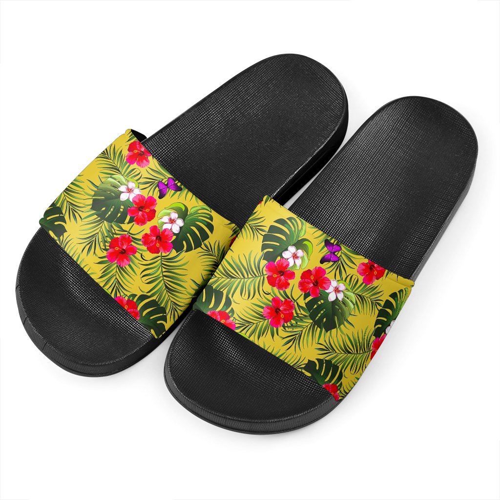 Tropical Exotic Hawaiian Pattern Print Black Slide Sandals