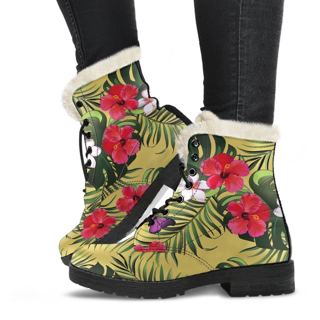 Tropical Exotic Hawaiian Pattern Print Faux Fur Leather Boots