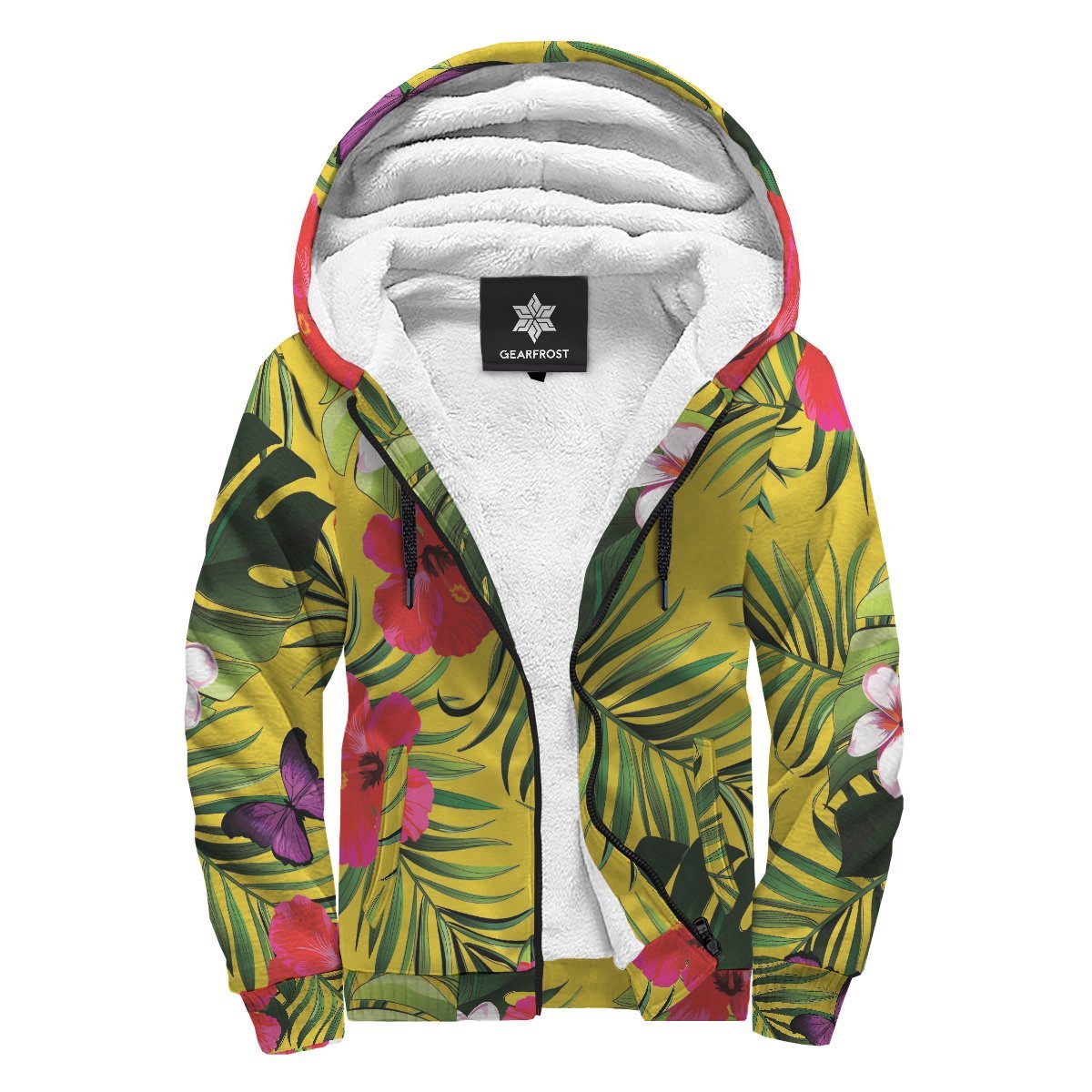 Tropical Exotic Hawaiian Pattern Print Sherpa Lined Fleece Hoodie