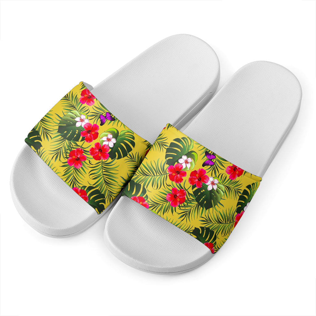 Tropical Exotic Hawaiian Pattern Print White Slide Sandals