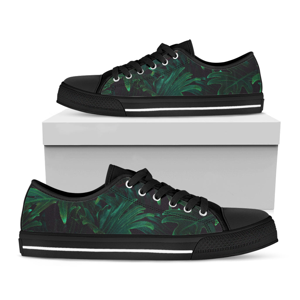 Tropical Fern Leaf Print Black Low Top Shoes