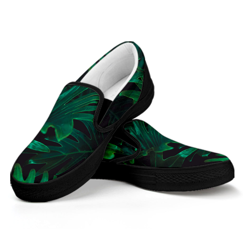 Tropical Fern Leaf Print Black Slip On Shoes