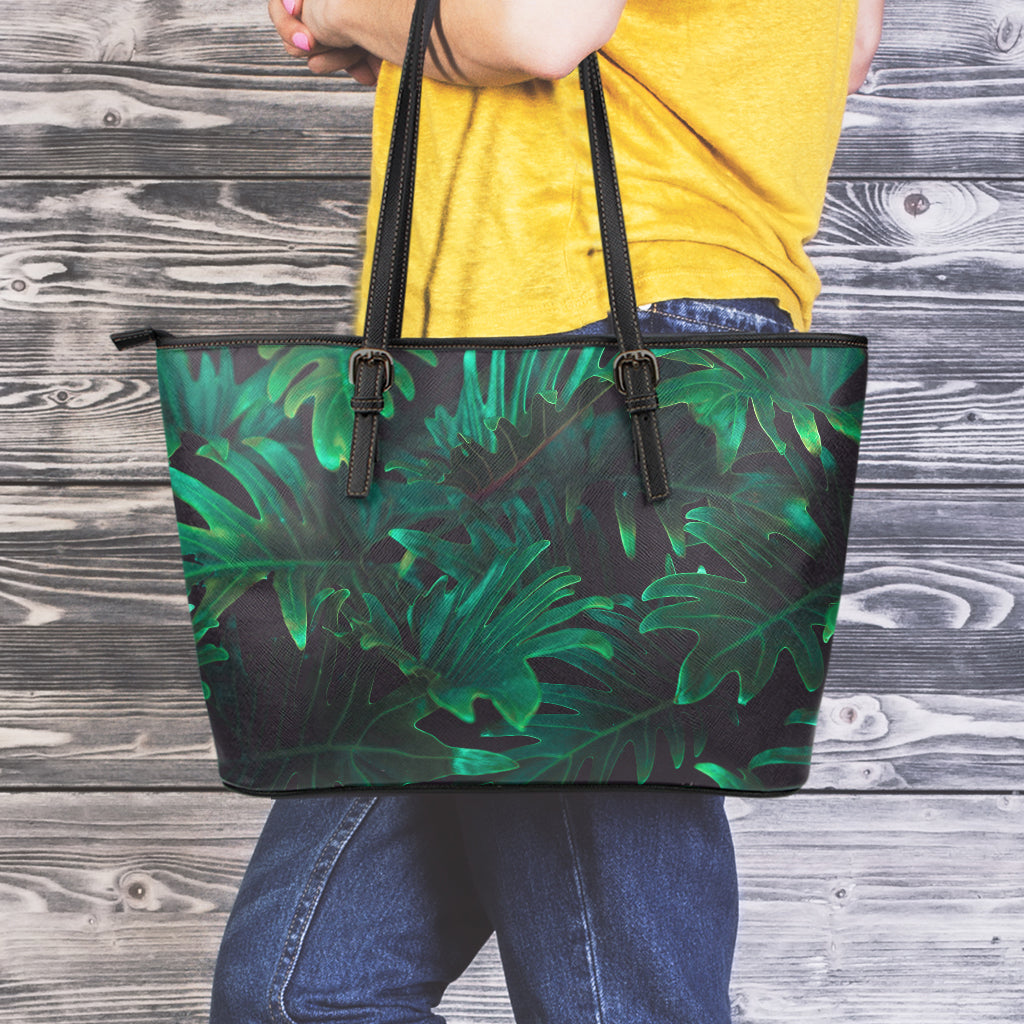 Tropical Fern Leaf Print Leather Tote Bag