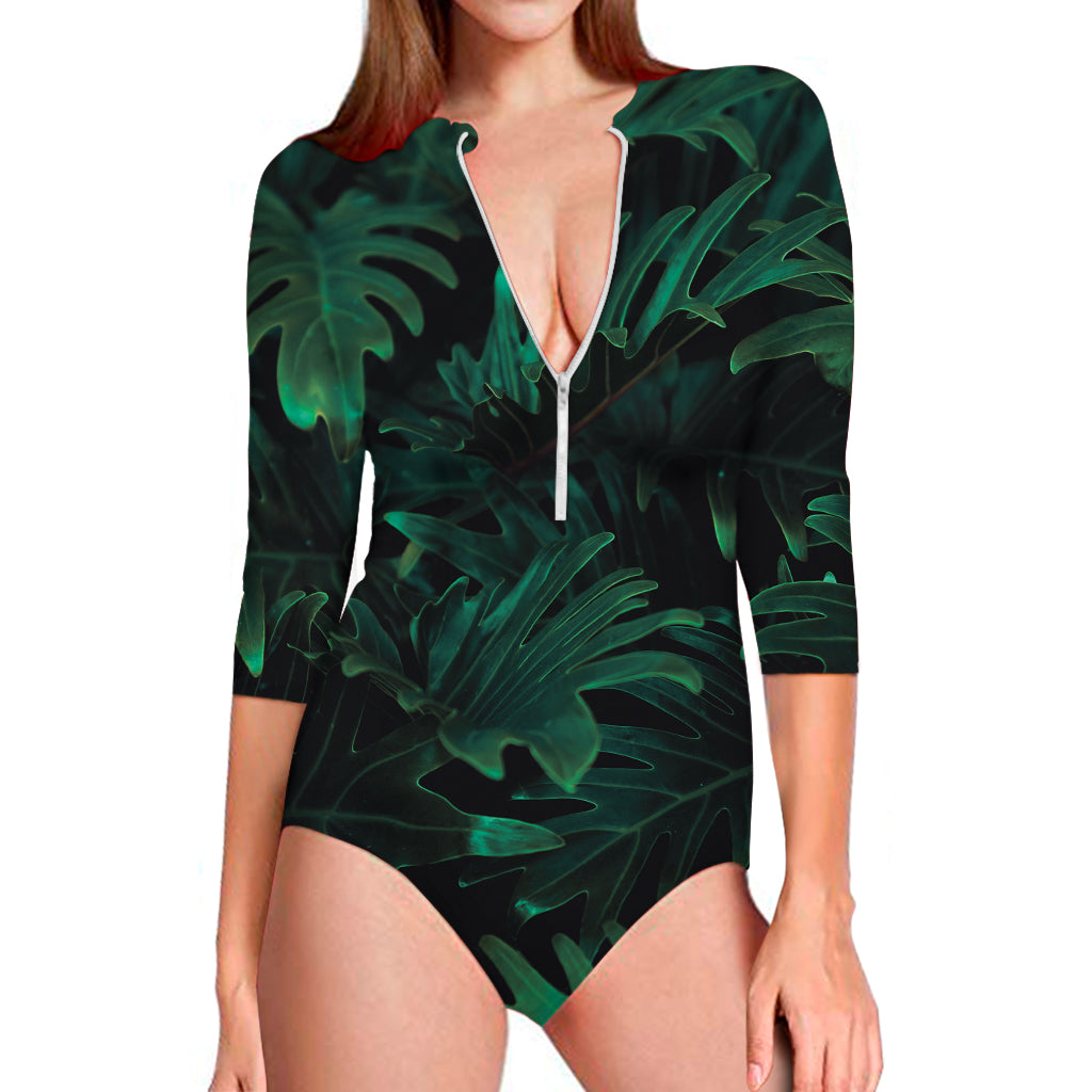 Tropical Fern Leaf Print Long Sleeve One Piece Swimsuit