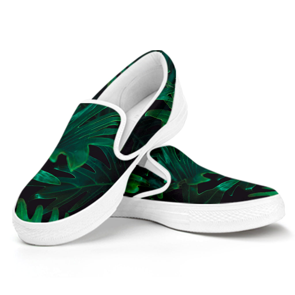 Tropical Fern Leaf Print White Slip On Shoes