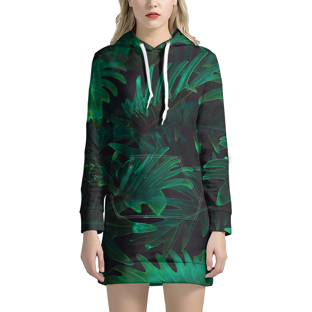 Tropical Fern Leaf Print Women's Pullover Hoodie Dress