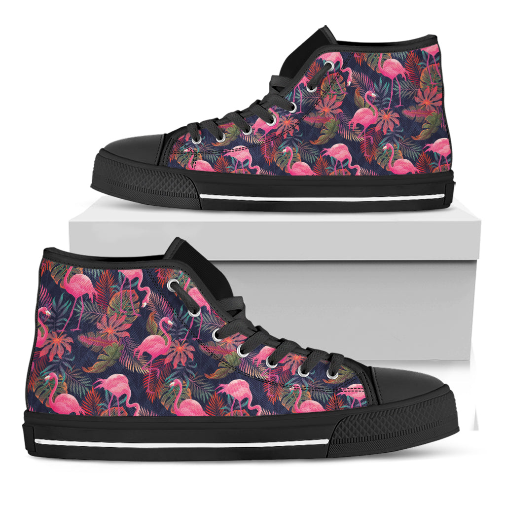 Tropical Flamingo Aloha Pattern Print Black High Top Shoes