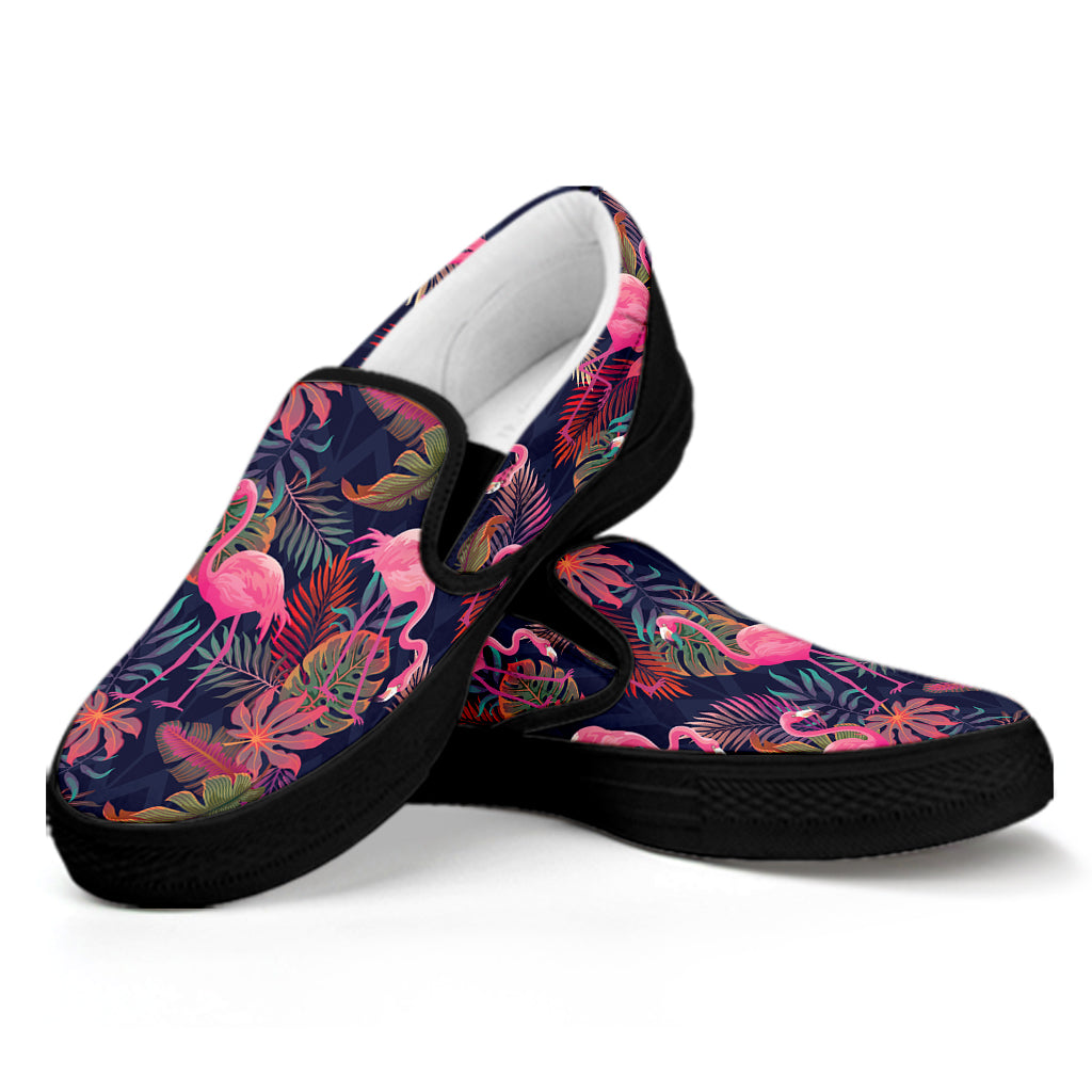 Tropical Flamingo Aloha Pattern Print Black Slip On Shoes