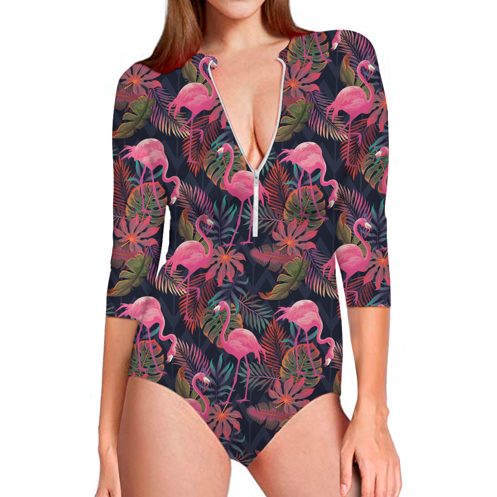 Tropical Flamingo Aloha Pattern Print Long Sleeve One Piece Swimsuit