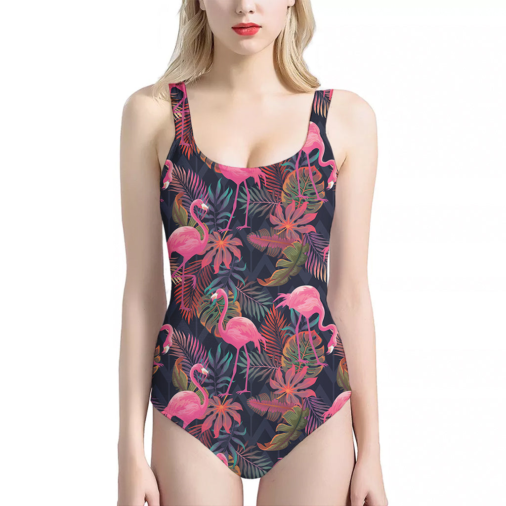 Tropical Flamingo Aloha Pattern Print One Piece Halter Neck Swimsuit