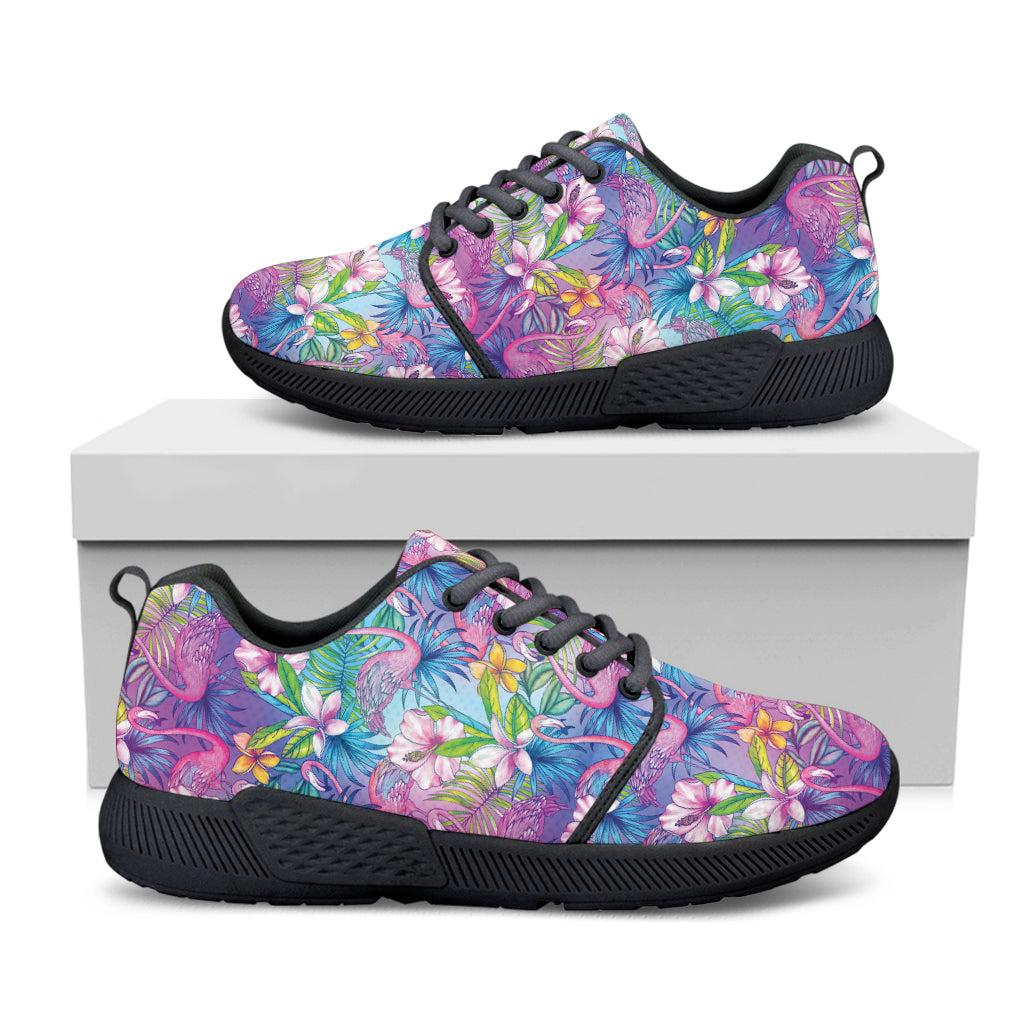 Tropical Flamingo And Hibiscus Print Black Athletic Shoes