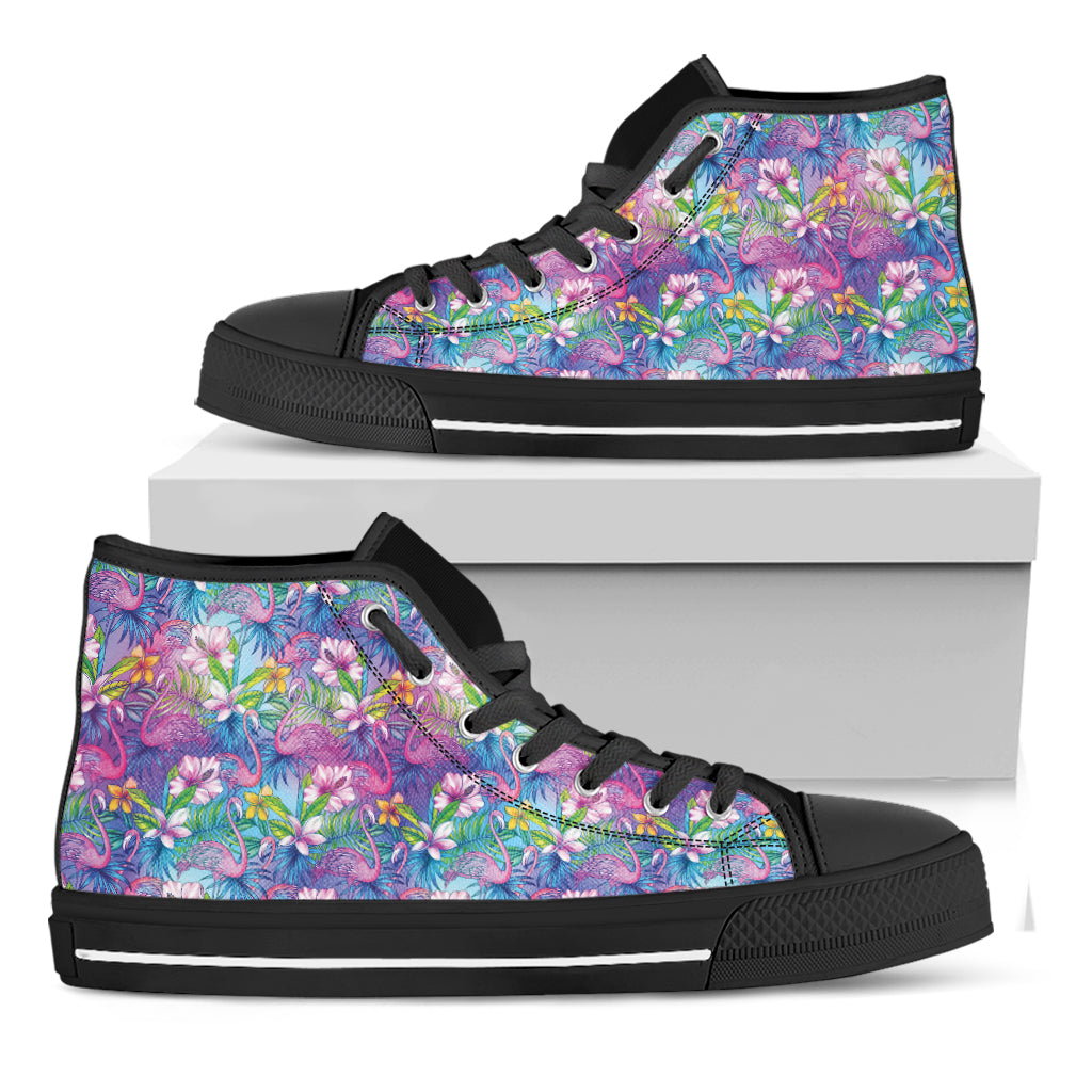 Tropical Flamingo And Hibiscus Print Black High Top Shoes