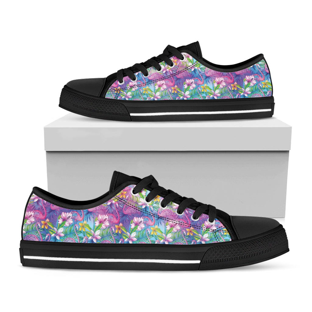 Tropical Flamingo And Hibiscus Print Black Low Top Shoes