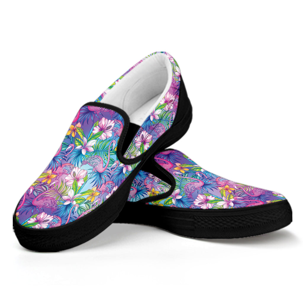 Tropical Flamingo And Hibiscus Print Black Slip On Shoes