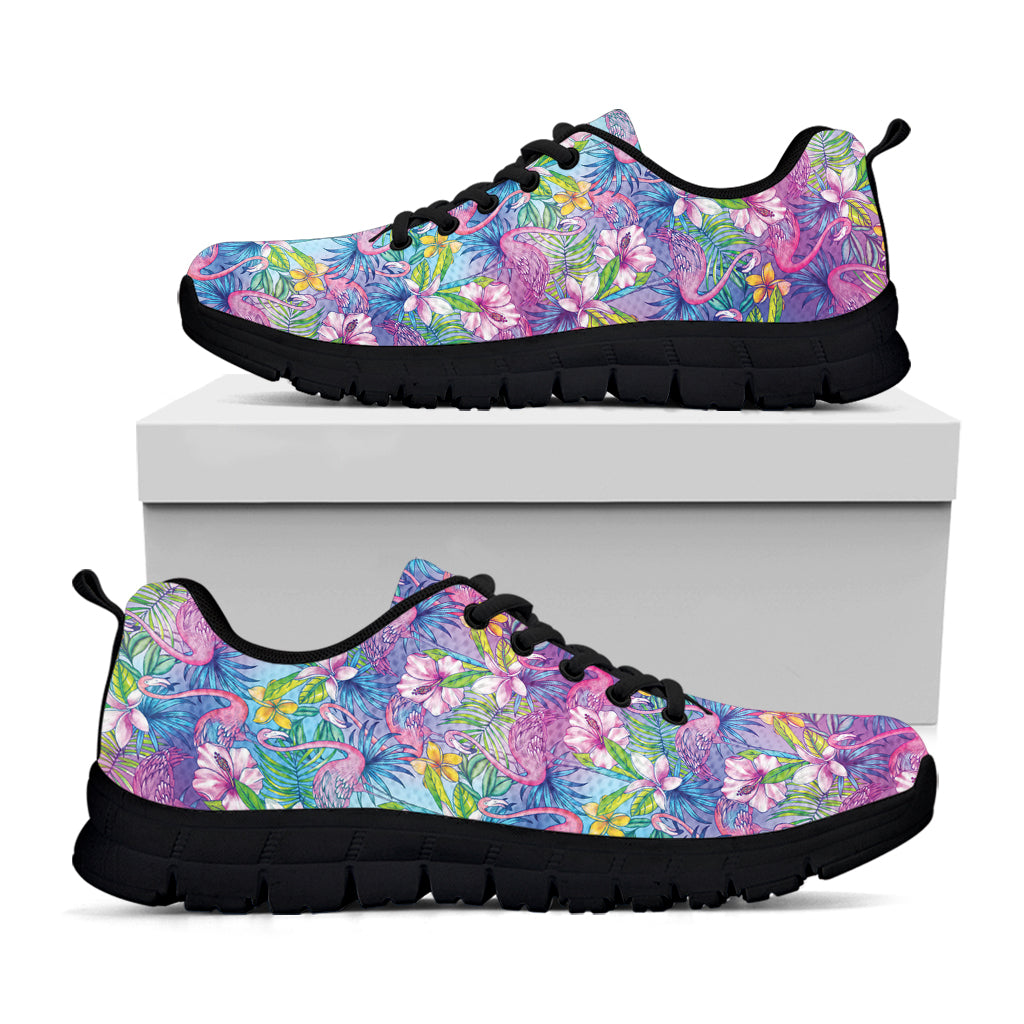 Tropical Flamingo And Hibiscus Print Black Sneakers