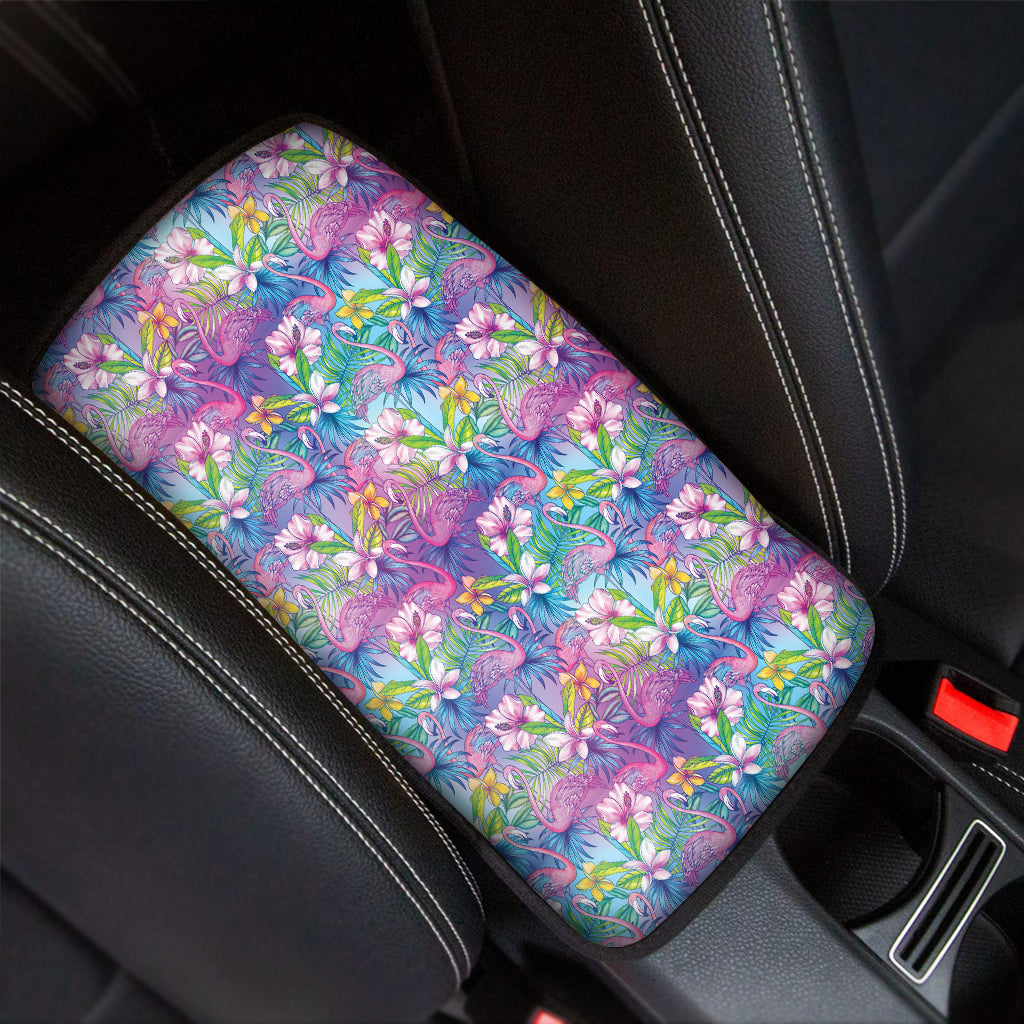 Tropical Flamingo And Hibiscus Print Car Center Console Cover