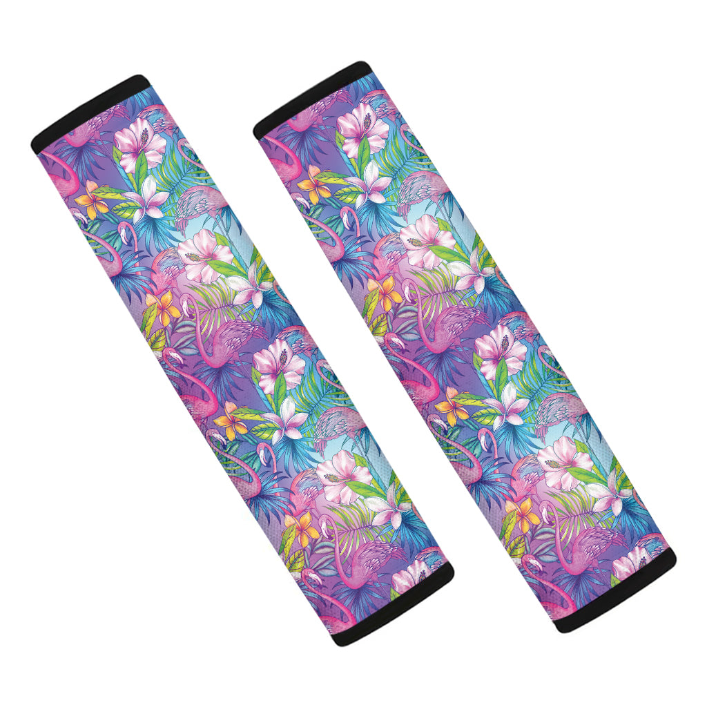 Tropical Flamingo And Hibiscus Print Car Seat Belt Covers