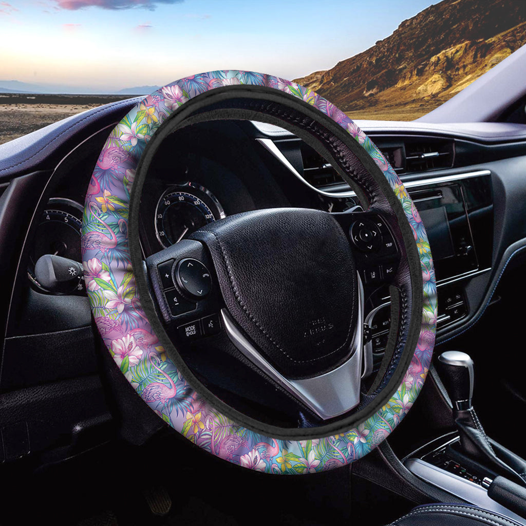 Tropical Flamingo And Hibiscus Print Car Steering Wheel Cover