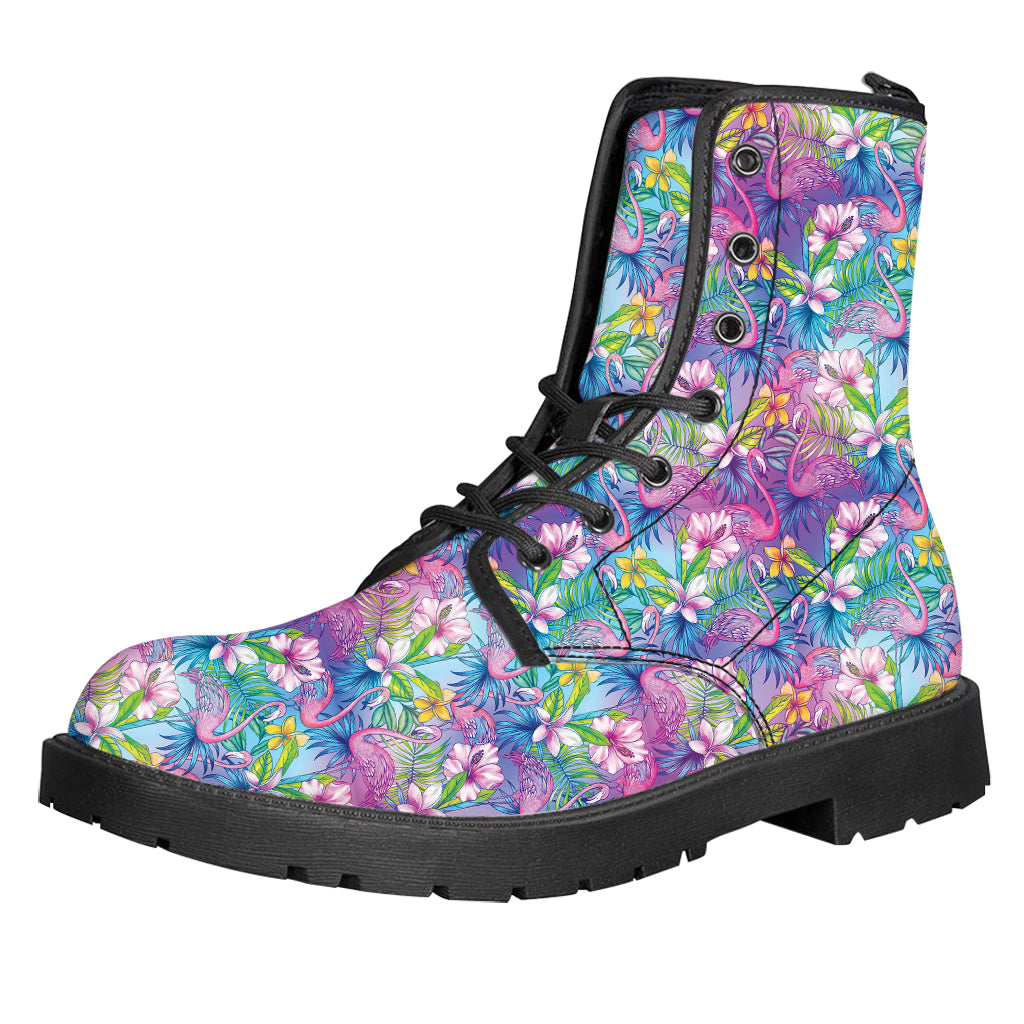 Tropical Flamingo And Hibiscus Print Leather Boots