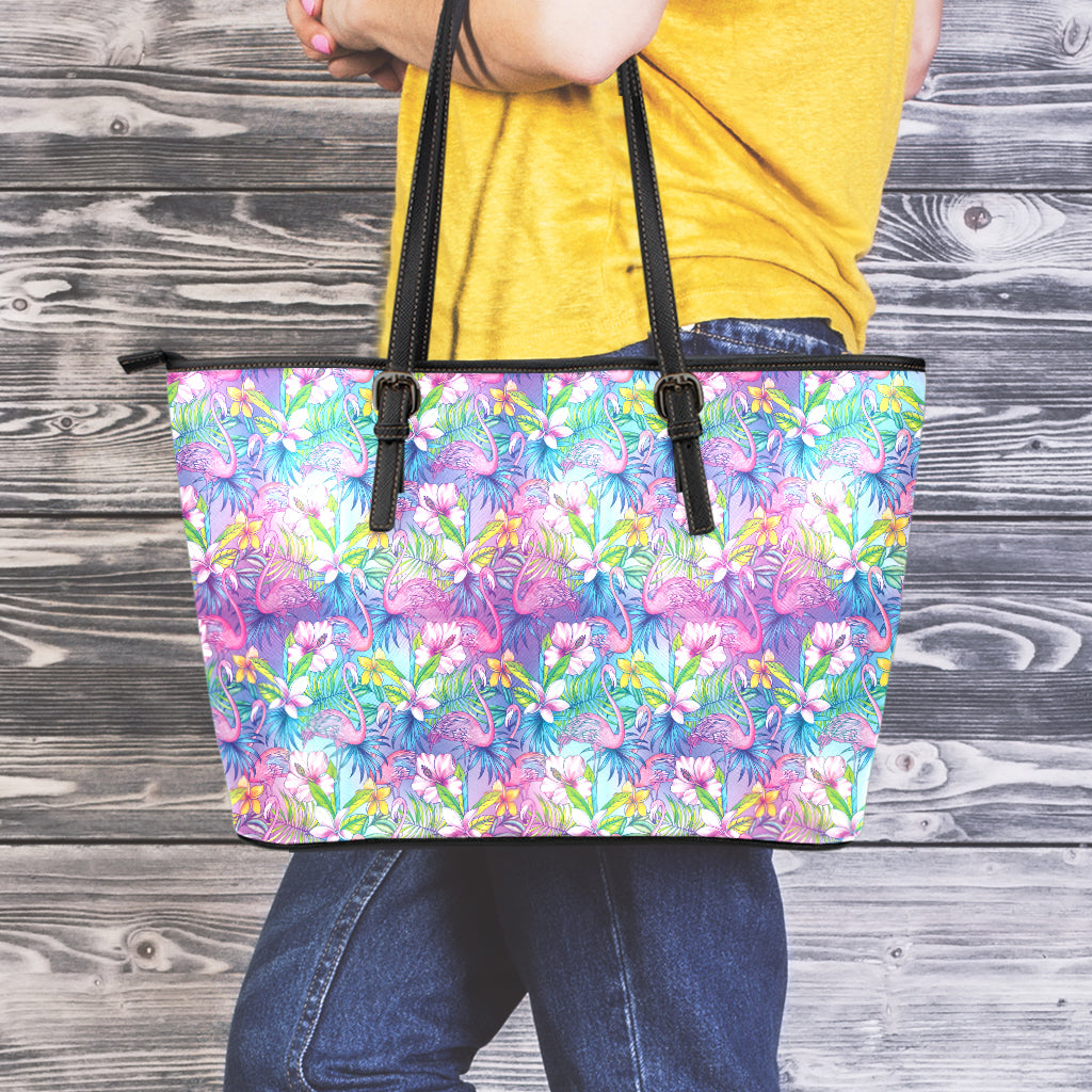 Tropical Flamingo And Hibiscus Print Leather Tote Bag