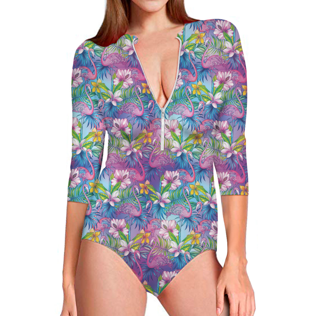 Tropical Flamingo And Hibiscus Print Long Sleeve One Piece Swimsuit